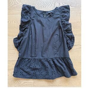 Who What Wear Black Eyelet Peplum Blouse Ruffle Sleeves Women's M